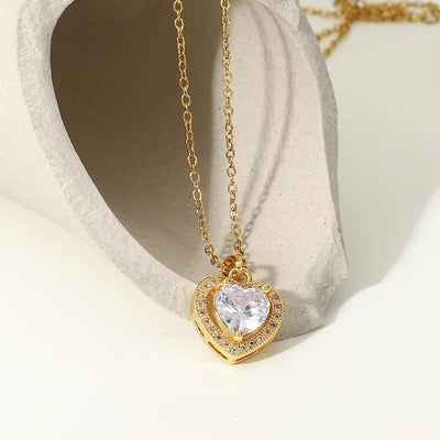 Exquisite Women Wedding Bridal Jewelry Stainless Steel Gold Large Single Shiny Crystal Heart Pendant Necklace for Engagement