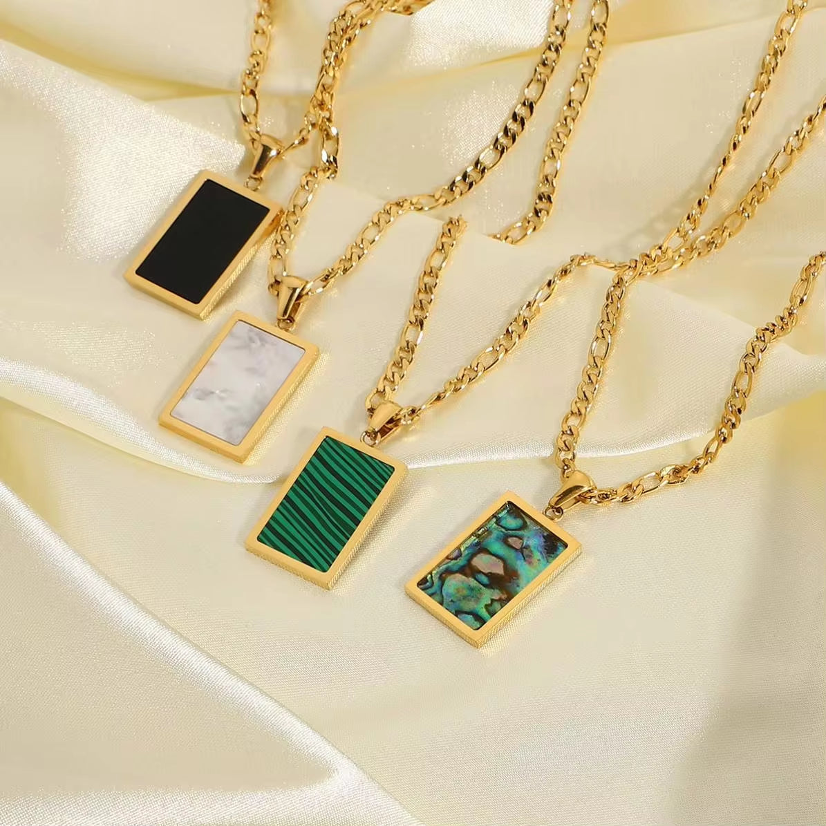 Rectangle Abalone Malachite Onyx Mother of Shell Pendant Willow Necklace Gold Plated Stainless Steel Figaro Chain Necklace