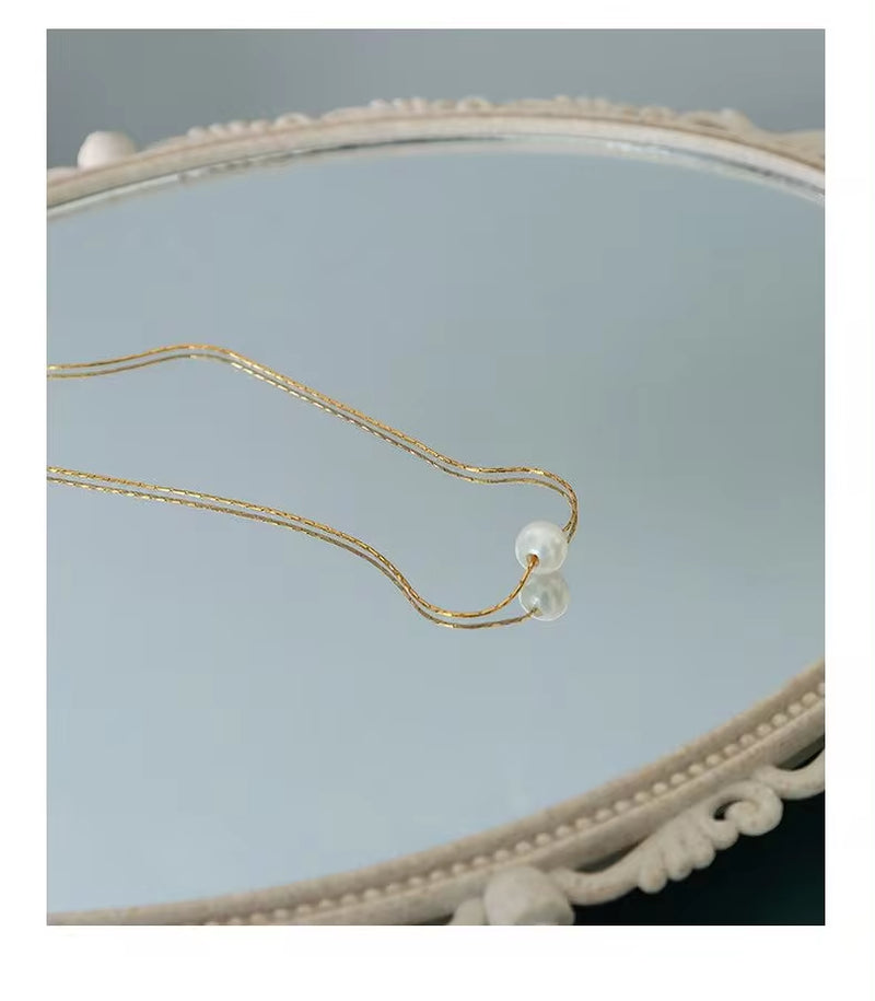 18K Gold Plated Stainless Steel Link Chain Pearl Choker round Freshwater Pearl Pendant Necklace