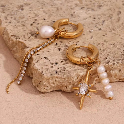 Fresh Water Pearl Zircon Earring North Star Drop Earrings Gold Plated Stainless Steel Jewelry