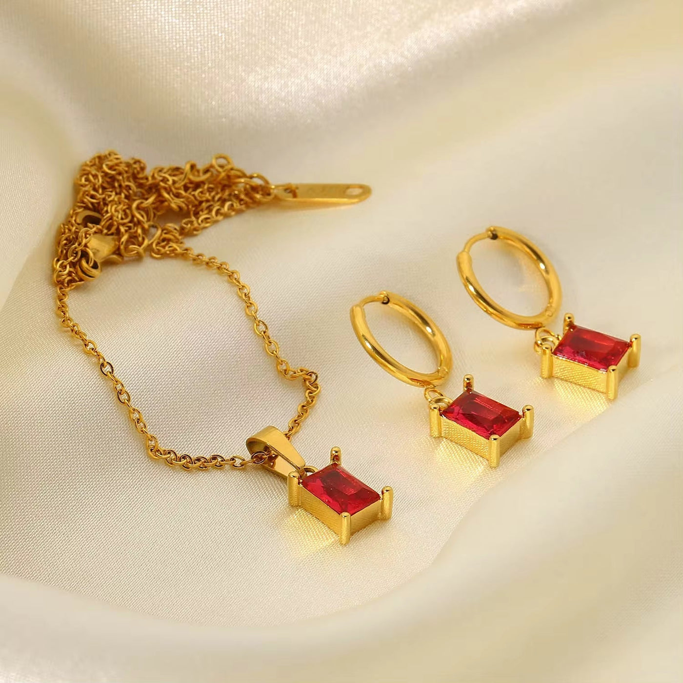 New Trendy 18K Gold Plated Stainless Steel Jewelry Mini Rectangle Red Zircon Earrings Pendant Necklace Set for Women