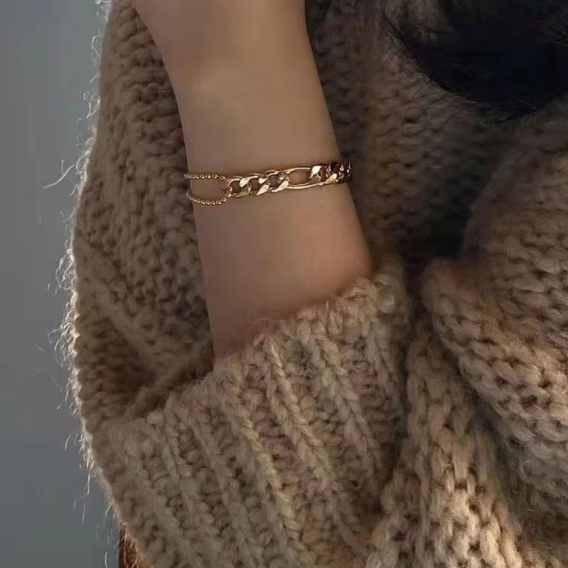 Simple European and American Fashion Trendsetter Splicing Versatile Bracelet Gold Plated Stainless Steel Figaro Chain Bracelet