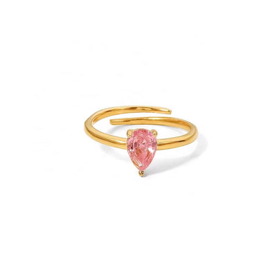 18K Gold Plated Pink Oval Water Drop Zircon Adjustable Stainless Steel Dainty Rings for Women