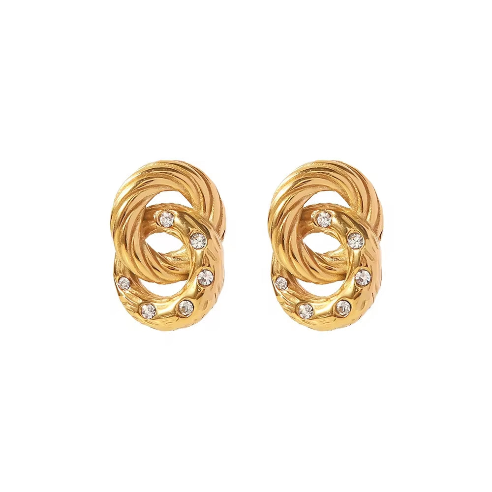 Twisted Chain Circle Small Clear Zircon Cz Diamond 18K Gold Plated Stainless Steel Stud Earrings