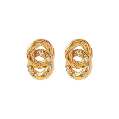 Twisted Chain Circle Small Clear Zircon Cz Diamond 18K Gold Plated Stainless Steel Stud Earrings