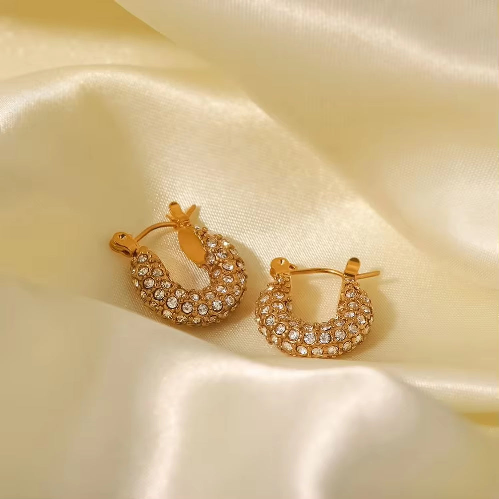 18K Gold Plated Stainless Steel Classic Hammered Shape Cubic Zirconia Hoop Earrings for Ladies