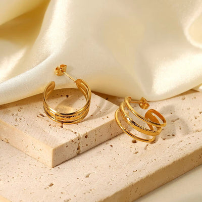 Trendy Statement Circle 18K Gold Plated Geometric Earrings Three Triple C Shape Stainless Steel Hoop Earrings for Women