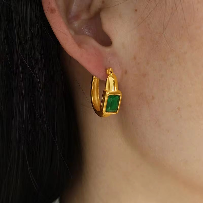 JEWELRY EH142 French Fashion Emerald Zirconia C-Shaped Earrings Stainless Steel Gold Plated 18K Earrings