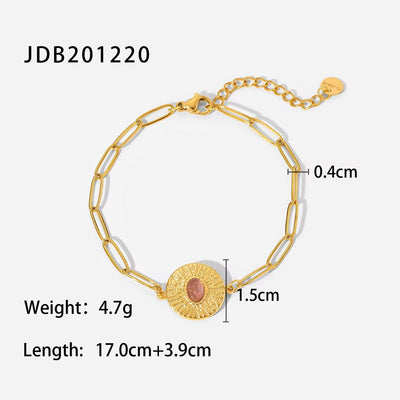 Pink Oval Stone round Bracelet 18K Gold Cross Paperclip Chain Tarnish Free Jewelry Bracelet for Women