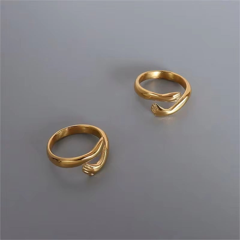 18K Gold Plated Cute Hand Hug Stainless Steel Embrace Hug Finger Open Ring Women