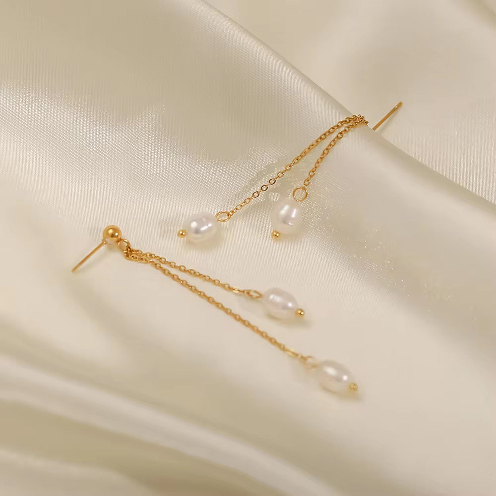 18K Gold Plated Stainless Steel Natural Freshwater Pearl Tassels Pendant Earrings for Ladies Gift