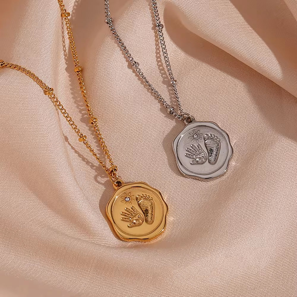 18K Gold Plated Engraved Fingerprint Footprint Zircon Pendant Necklace Non Tarnish Stainless Steel Bead Chain Necklace