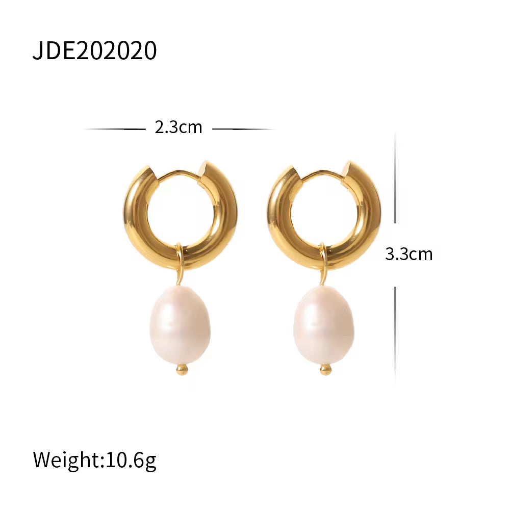 Fashion Jewelry Stainless Steel Wave CC Hoop Earring 18K Gold Plated Freshwater Pearl Drop Earring