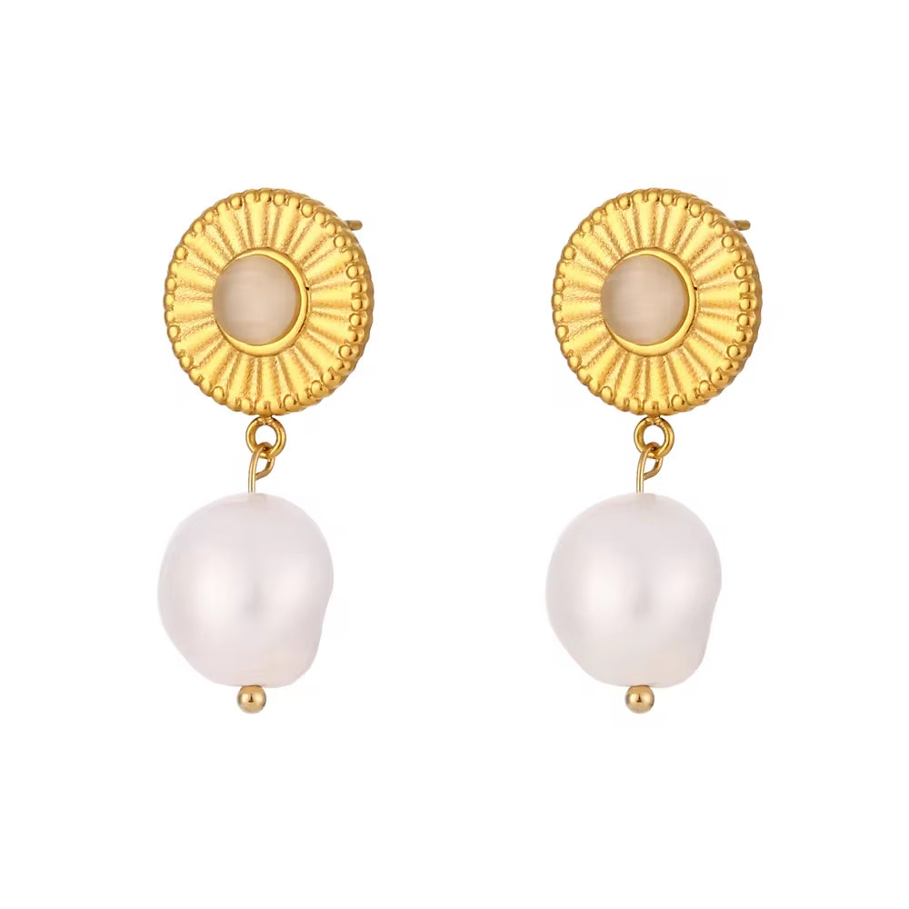 Trending Products 2023 New Arrivals Sunflower Shape Fresh Water Pearl Drop Earring Gold Plated Stainless Steel Opal Earrings