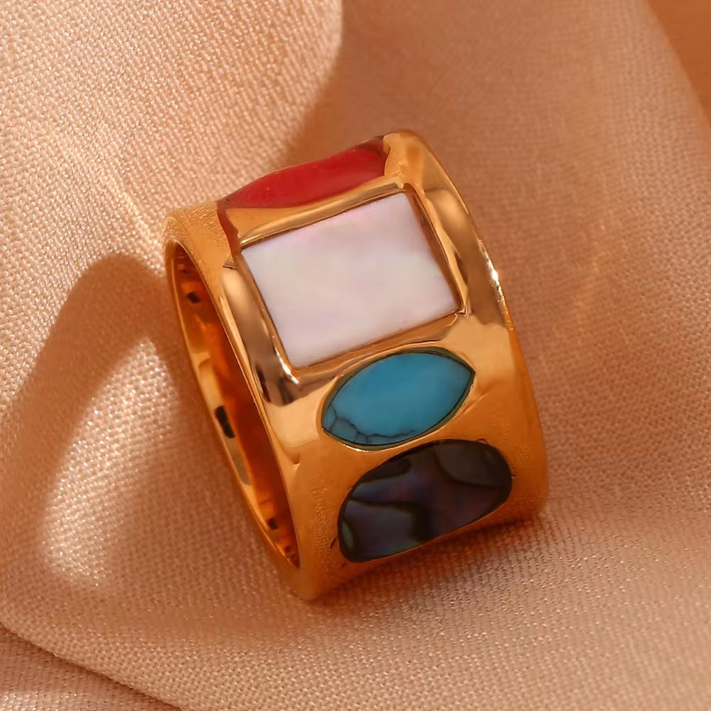 New Design Geometric Turquoise Signet Ring Gold Plated Stainless Steel Statement Jewelry