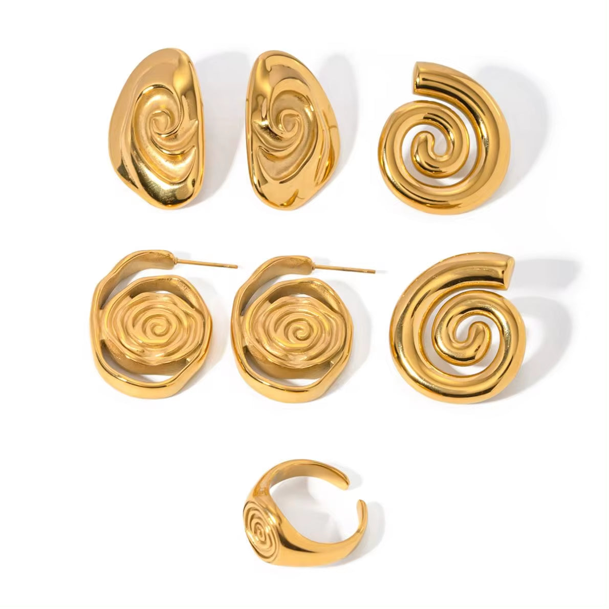 Hot Sell Gold Plated Stainless Steel Geometric Spiral Stud Earrings and Rings Sets for Women Jewelry