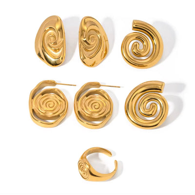 Hot Sell Gold Plated Stainless Steel Geometric Spiral Stud Earrings and Rings Sets for Women Jewelry