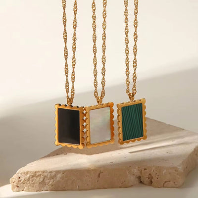 New Arrival Stainless Steel Black Malachite Square Lace Inlaid White Shell Pendant Necklace