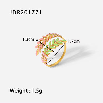 Dainty 18K Gold Plated Stainless Steel Creative Leaf Branch Shape Enameled Adjustable Rings