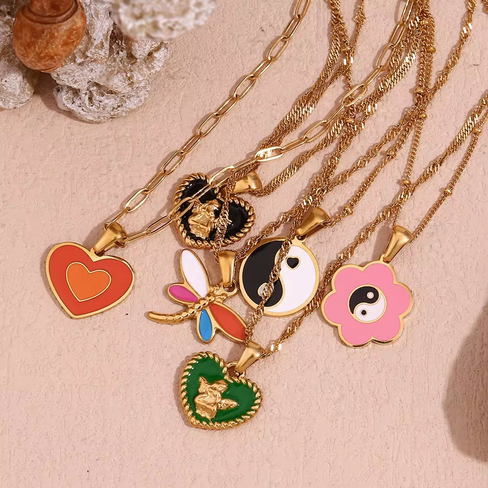 Colorful Enamel Angel Dragonfly Pendant Necklaces 18K Gold Plated Stainless Steel Jewelry Set