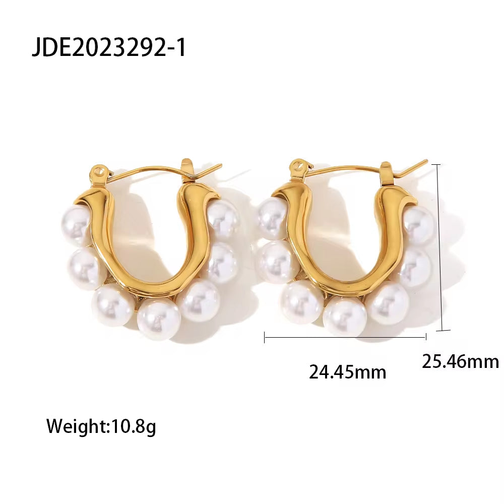 18K Gold Plated Silver Plated Stainless Steel White Pearl U Shape Large Hoop Earrings Jewelry