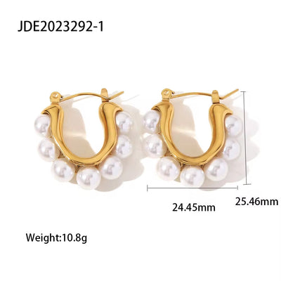 18K Gold Plated Silver Plated Stainless Steel White Pearl U Shape Large Hoop Earrings Jewelry