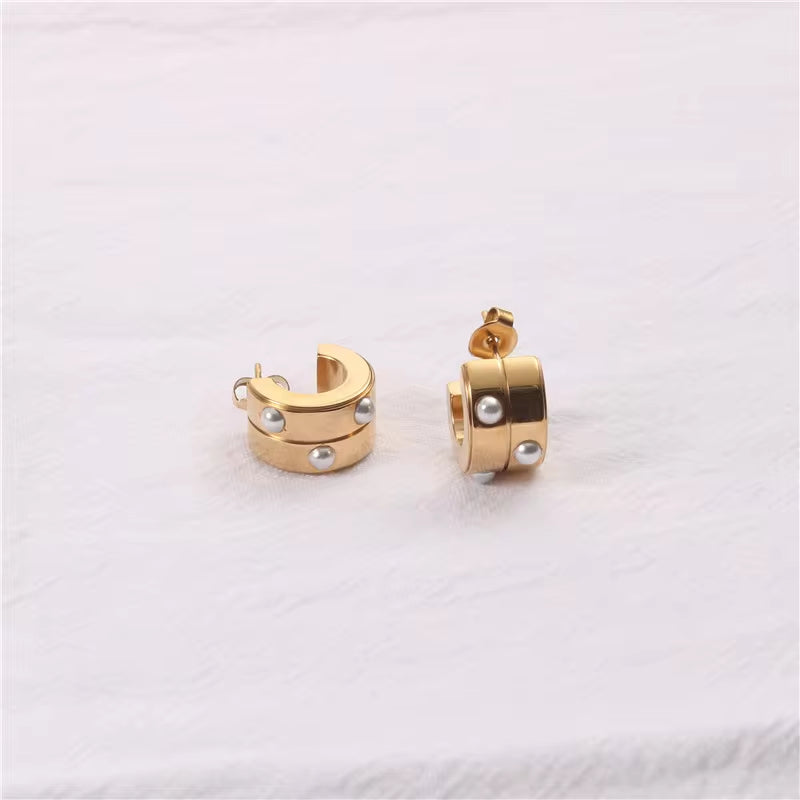 Hyperbole Half round Chunky Stud Earring 18K Gold Plated Stainless Steel Pearl Inlay Double Layer C Shape Hoop Earring