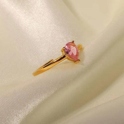 18K Gold Plated Pink Oval Water Drop Zircon Adjustable Stainless Steel Dainty Rings for Women