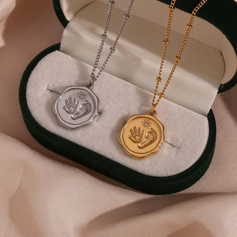 18K Gold Plated Engraved Fingerprint Footprint Zircon Pendant Necklace Non Tarnish Stainless Steel Bead Chain Necklace