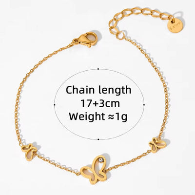 Ins Gold Plated Stainless Steel Three Butterfly Shape Hollow Zircon Necklace Bracelet Thin Chain Gift Bracelet