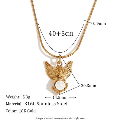 Vintage Pearl Angel Pendant Necklace and Earring Set Gold Plated Stainless Steel Jewelry Set