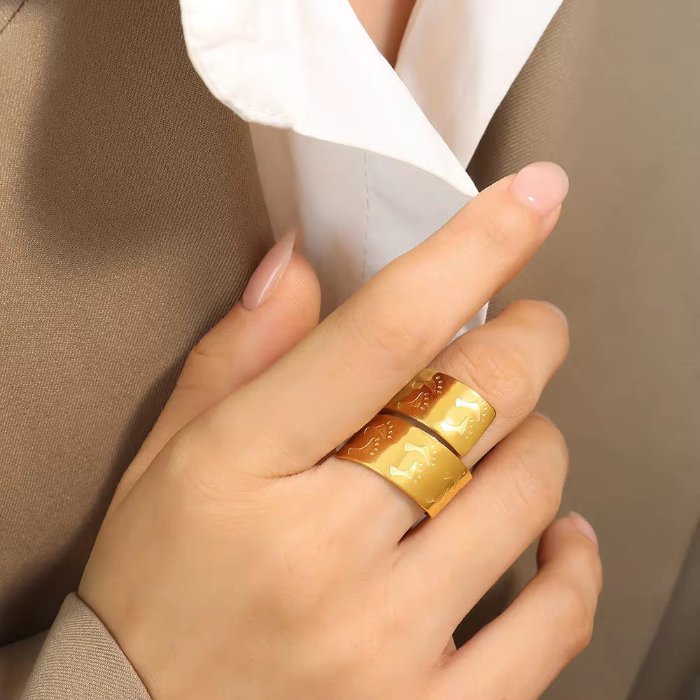 Finger Jewelry 18K Gold Plated Stainless Steel Double Layer Wide Open Ring for Women