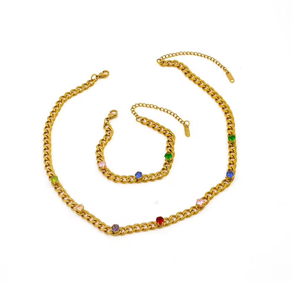 USENSEN 18K Gold Plated Stainless Steel Jewelry Colorful Zircon Cuban Chain Chokers Necklace Do Not Fade Emerald Necklaces