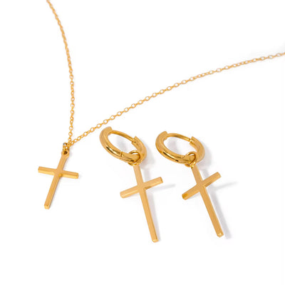 Waterproof 18K PVD Gold Minimalist Stainless Steel Necklace Cross Pendant Earring Set Low Key Luxury