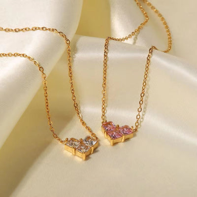 INS Popular 18K Gold Plated Heart Love Stainless Steel Pink Clear Zircon Heart Pendant Necklace