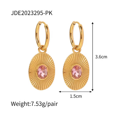 INS Style 18K Gold Plated Sunburst Earrings Stainless Steel Screw Zircon Paved Oval Pendant Necklace