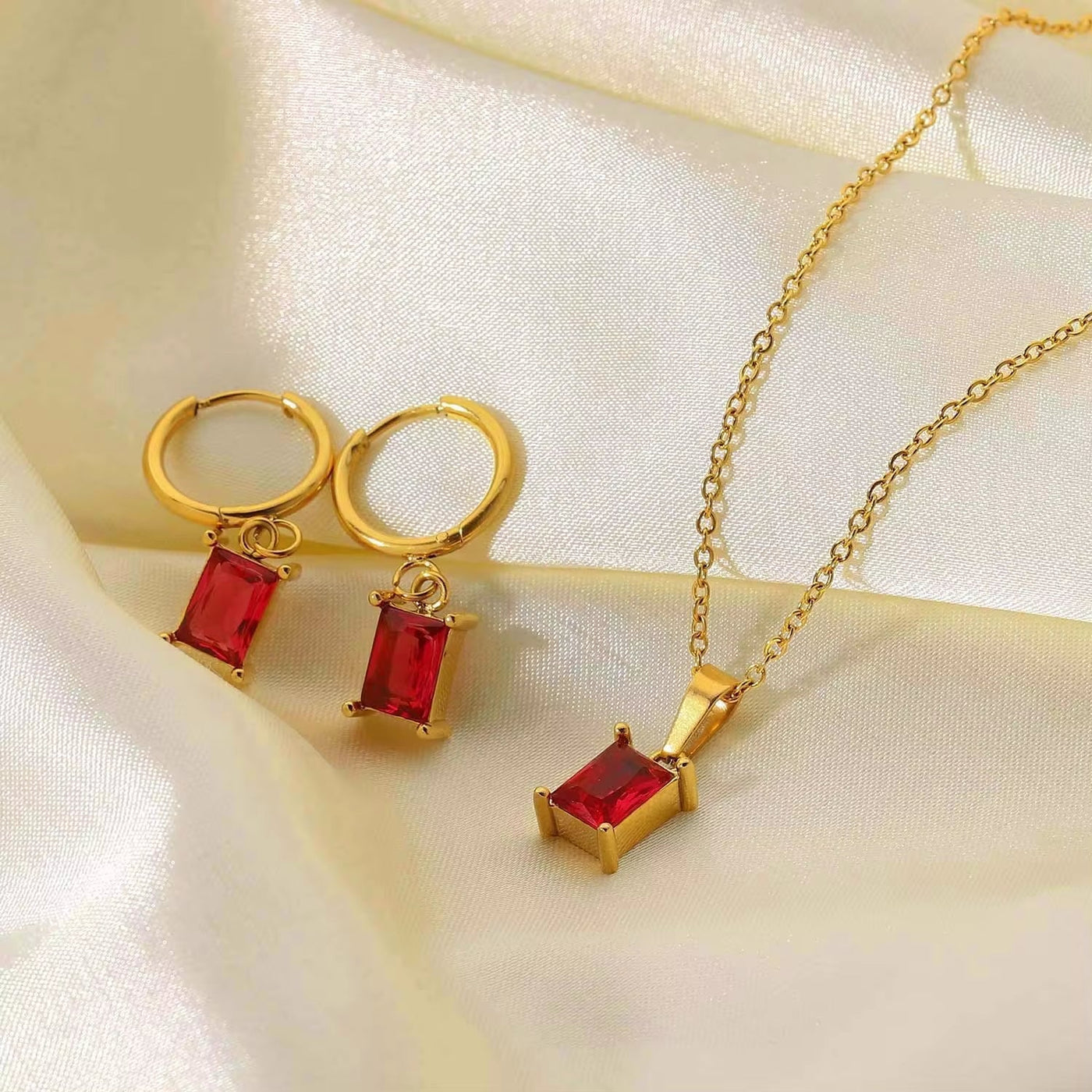 New Trendy 18K Gold Plated Stainless Steel Jewelry Mini Rectangle Red Zircon Earrings Pendant Necklace Set for Women