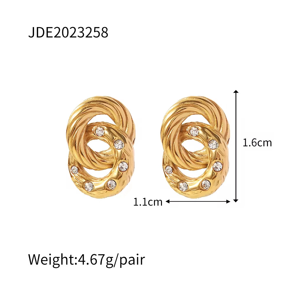 Twisted Chain Circle Small Clear Zircon Cz Diamond 18K Gold Plated Stainless Steel Stud Earrings