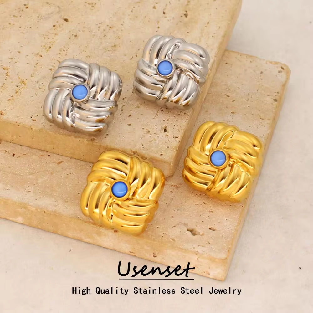 Classic Textured Geometric Stainless Steel Ear Stud Girl Women'S Golden Jewelry Square Knot Earrings Wholesale