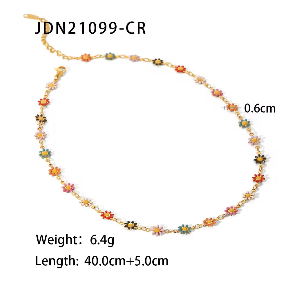 Charm 18K Gold Plated Stainless Steel Choker Necklace Set Women Colorful Daisy Chain Bracelet