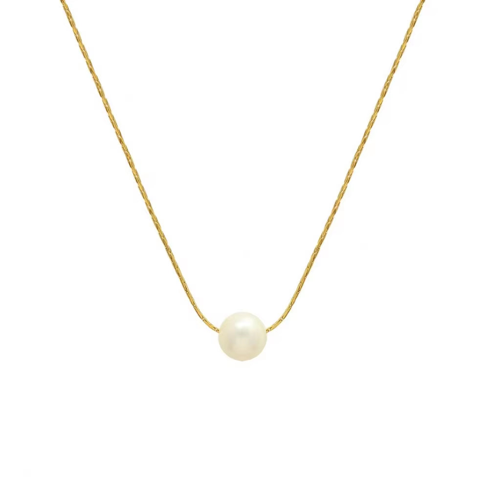 18K Gold Plated Stainless Steel Link Chain Pearl Choker round Freshwater Pearl Pendant Necklace