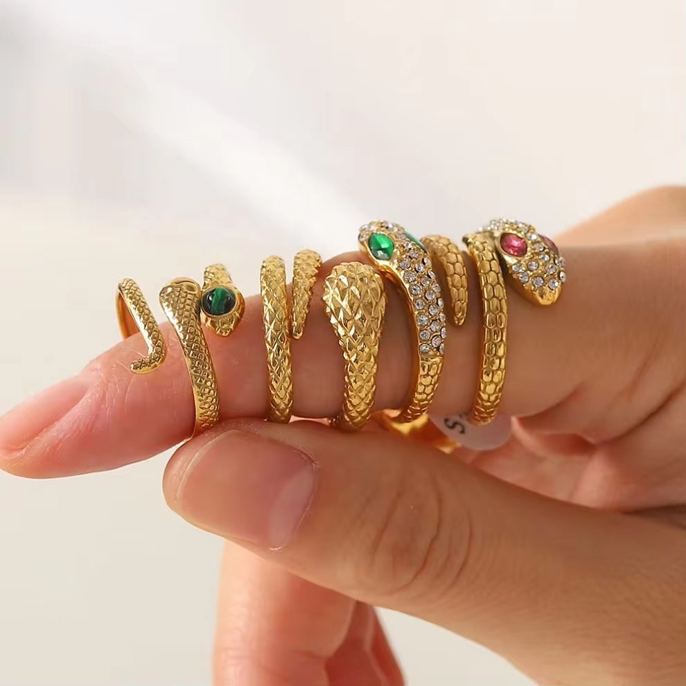 Chic Cubic Zircon Malachite Stacking Snake Ring Waterproof 18K Gold Plated Stainless Steel Opening Rings