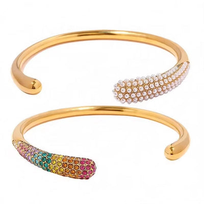 JEWELRY SZ25-6 Fashion Colorful Rhinestone Bracelet Senior Sense Imitation Pearl Bangle Stainless Steel Plated 18K Gold