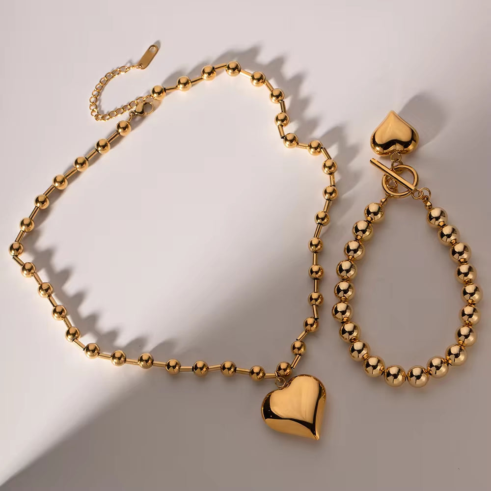 18K Gold Plated Stainless Steel Bead Chain OT Buckle Chunky Heart Pendant Bracelet Necklace for Women