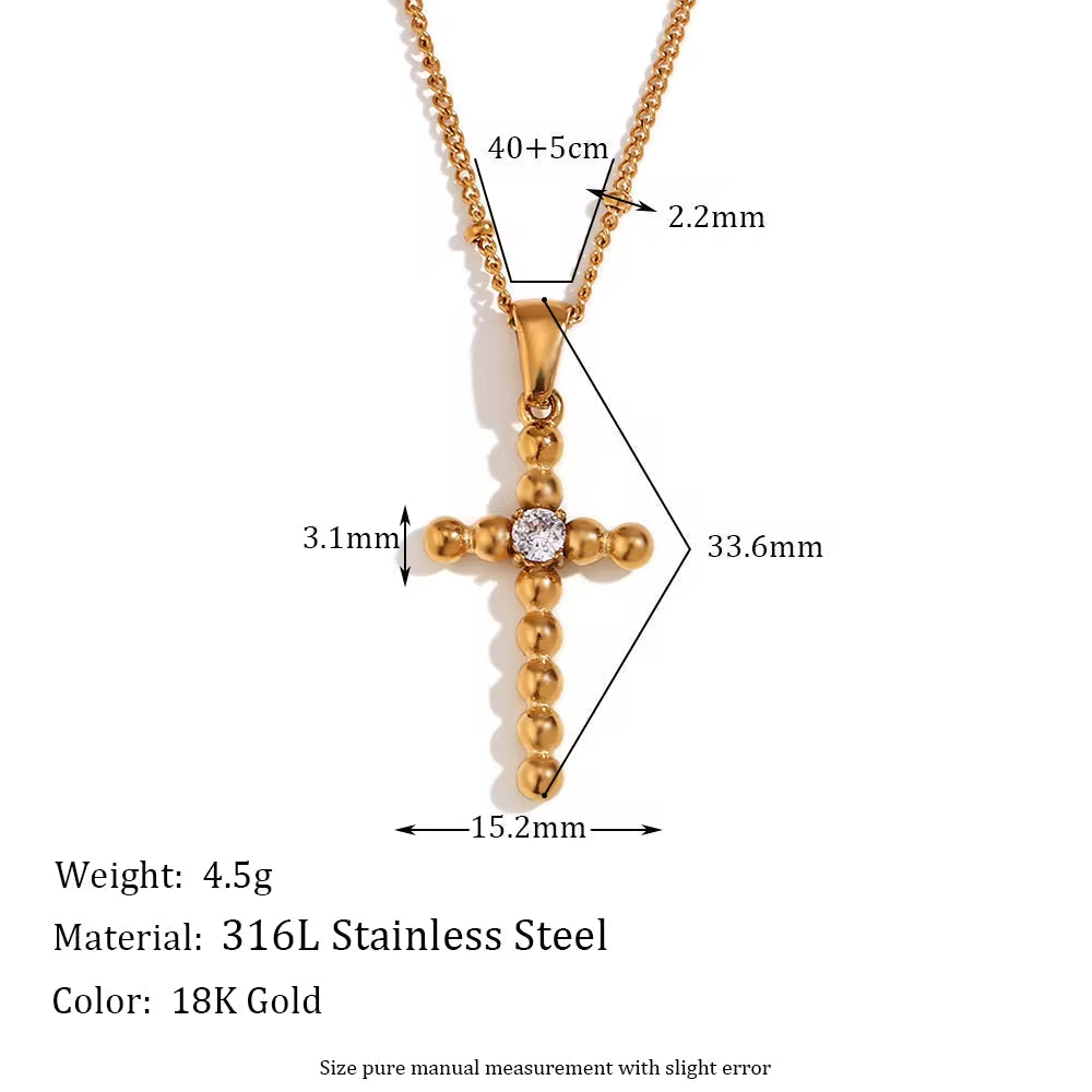 Dainty Zircon Cross Necklace Beaded Pendant Necklace Gold Plated Stainless Steel Christmas Gift for Women