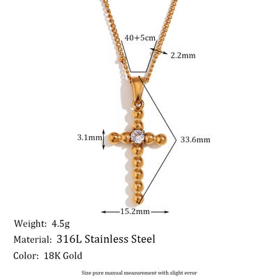 Dainty Zircon Cross Necklace Beaded Pendant Necklace Gold Plated Stainless Steel Christmas Gift for Women