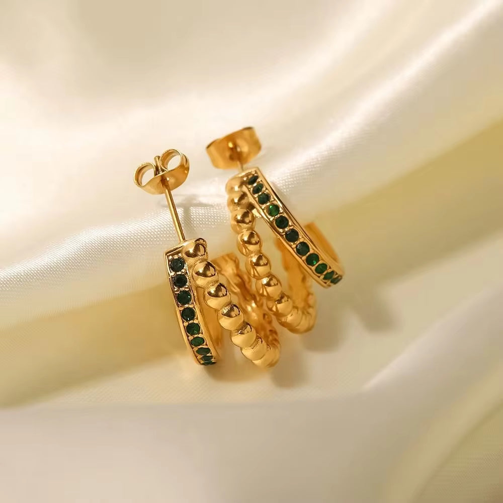 Layer Beads Chain Design Green Cubic Zircon Statement 18K Gold Plated Stainless Steel Hoop Earring