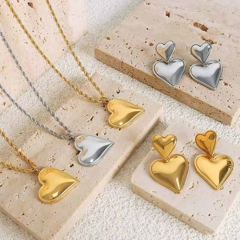 INS Stainless Steel 18K Gold PVD Plated Personalized Heart Earrings Necklace Titanium Steel Heart Choker Necklace