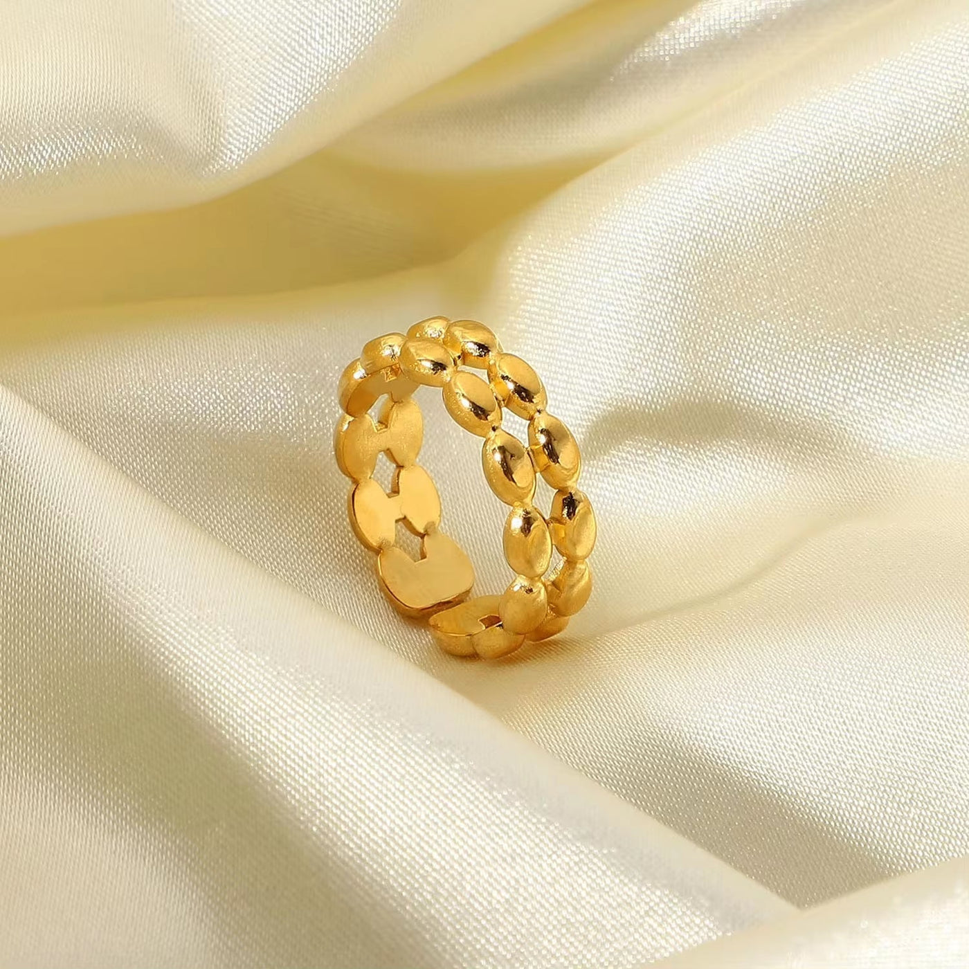 18K Gold Plated Double Layer Geometric Oval Bean Beads Open Stainless Steel Finger Rings for Woman