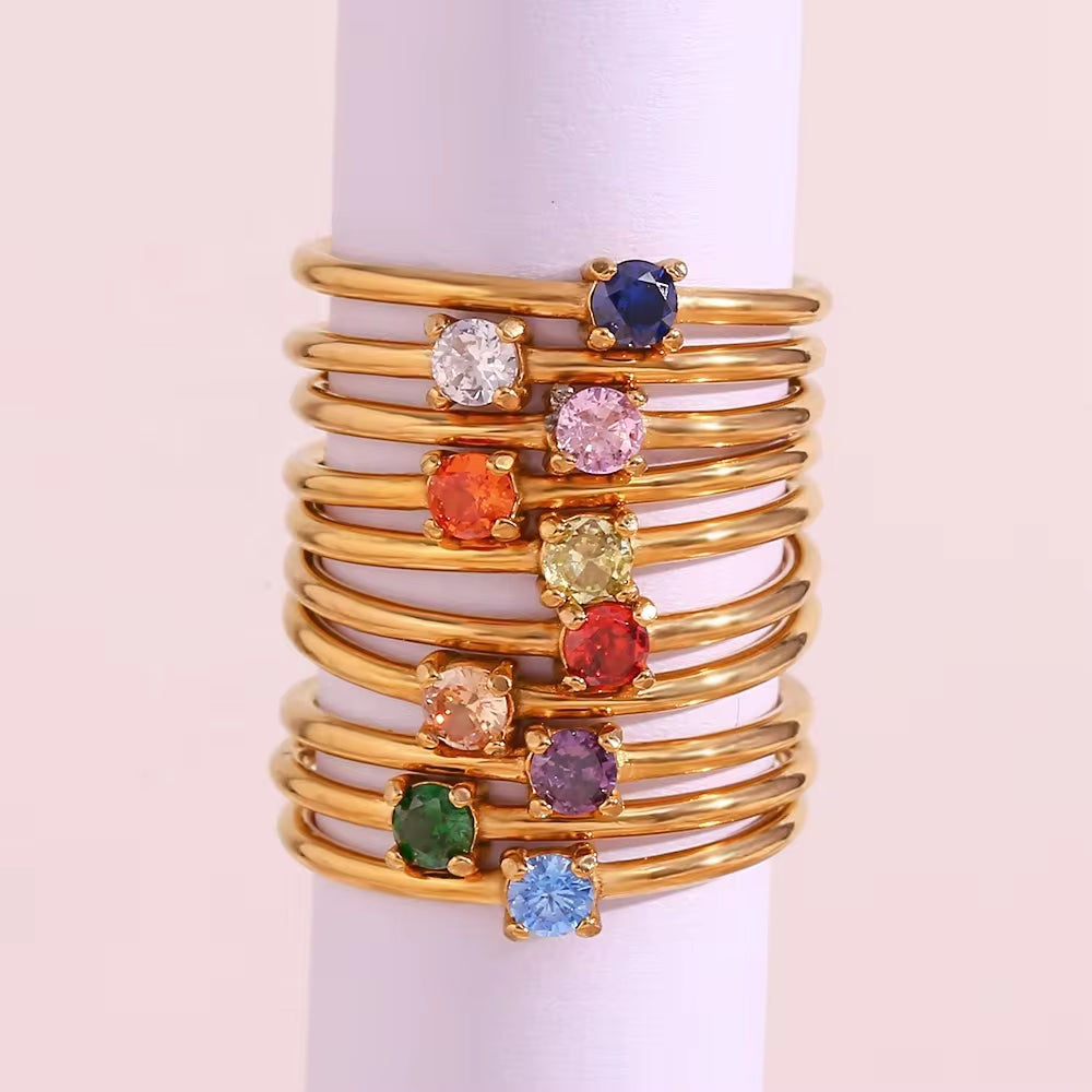 Drop Shipping Colorful Birth Stone Ring Sets 18K Gold Plated Stainless Steel Rings Jewelry Women